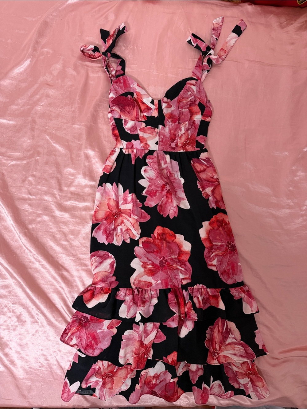 Tie-Shoulder Maxi Dress with Pink Floral Print on Black